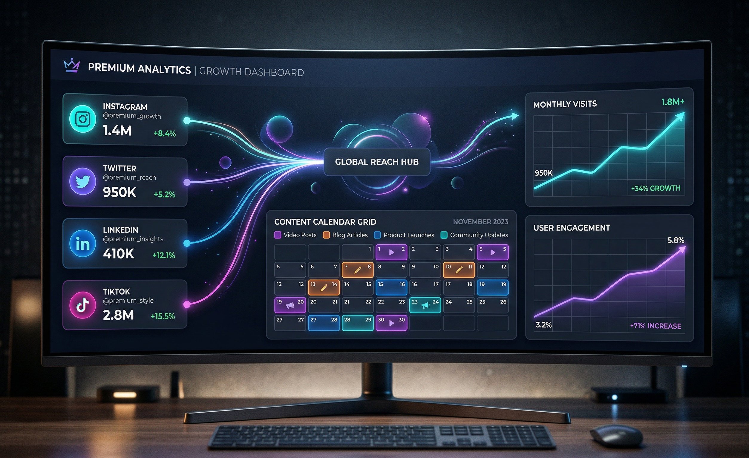 Dashboard showing deployed profiles, content calendar, and engagement metrics